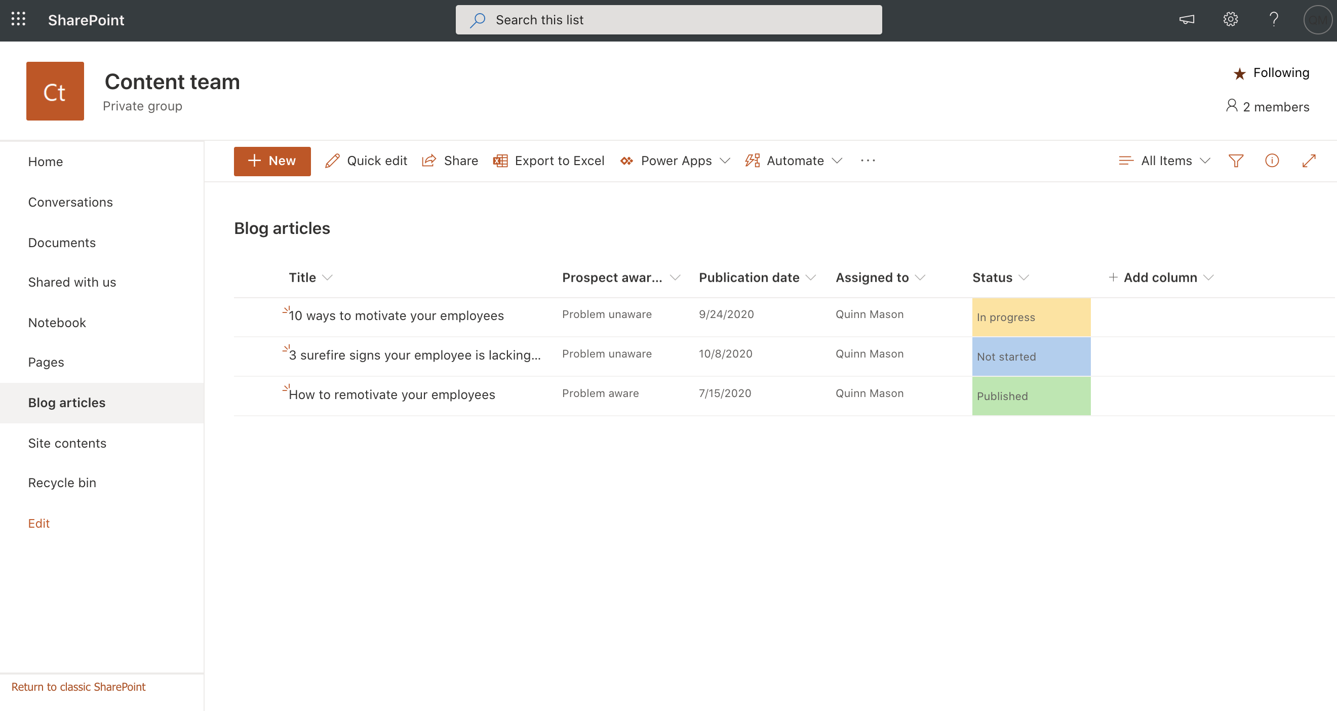 Screenshot of list in modern SharePoint