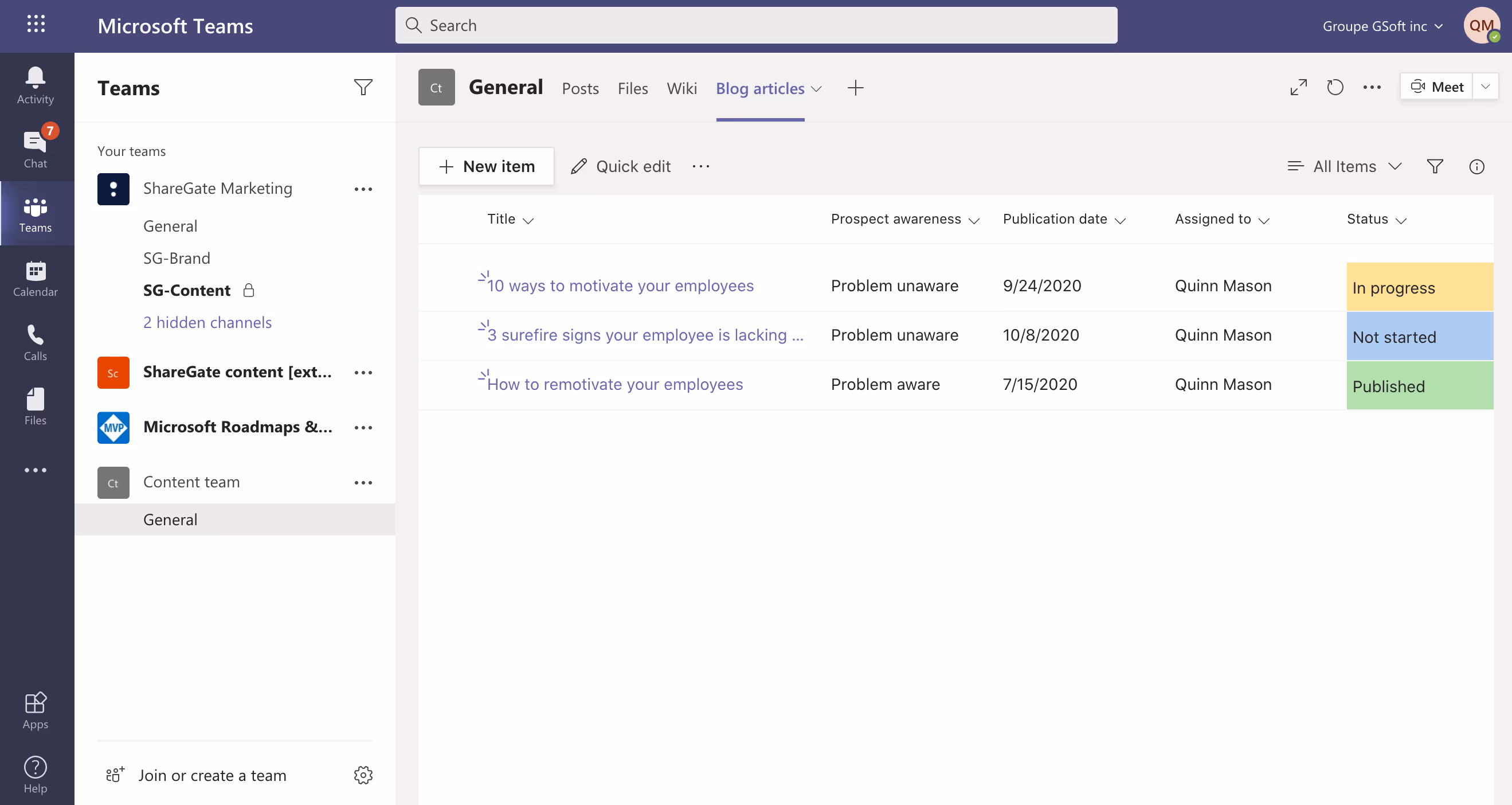 Screenshot of same SharePoint list viewed in Teams.