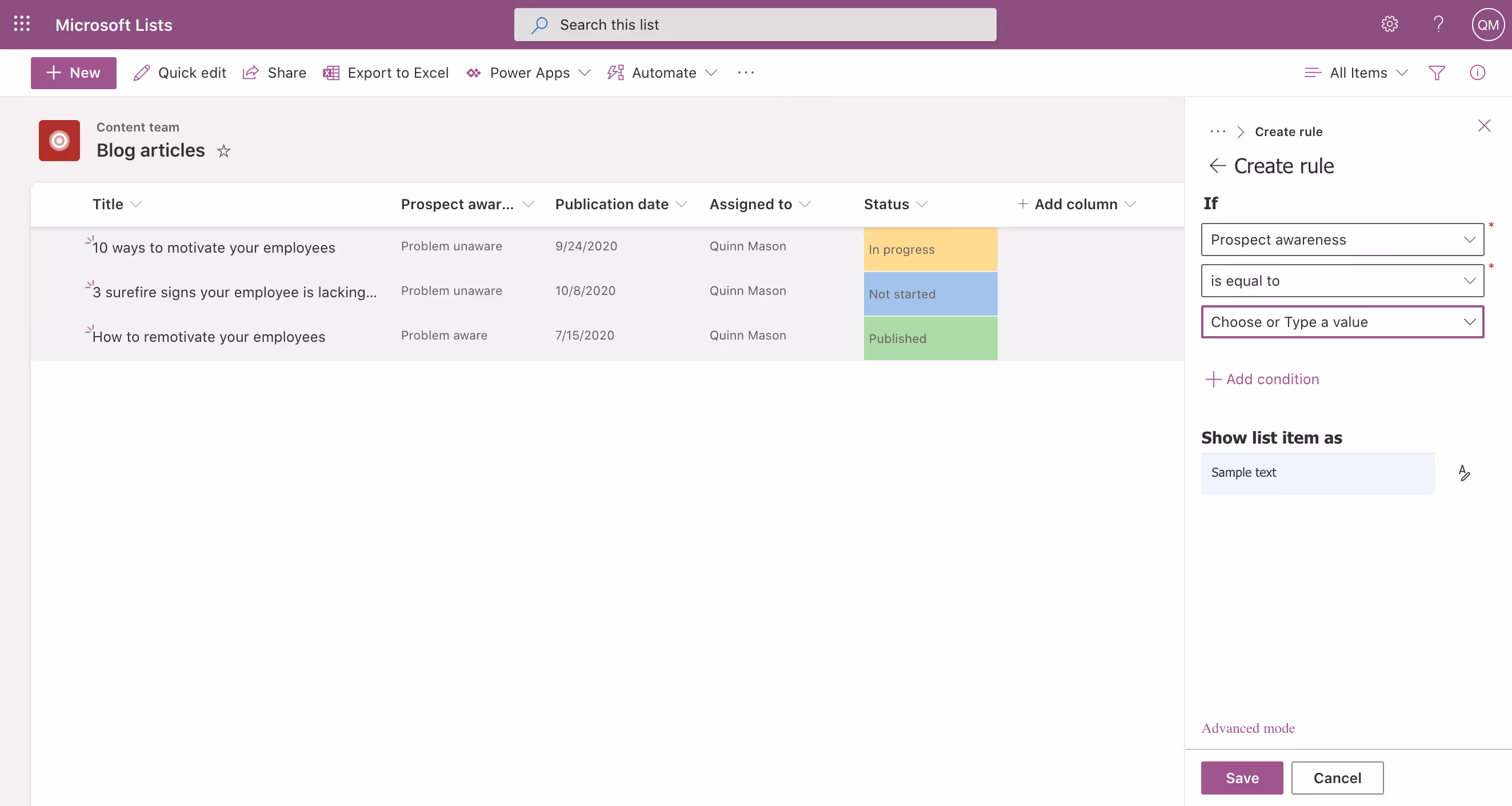 Screenshot of Create rule pane in Microsoft Lists.