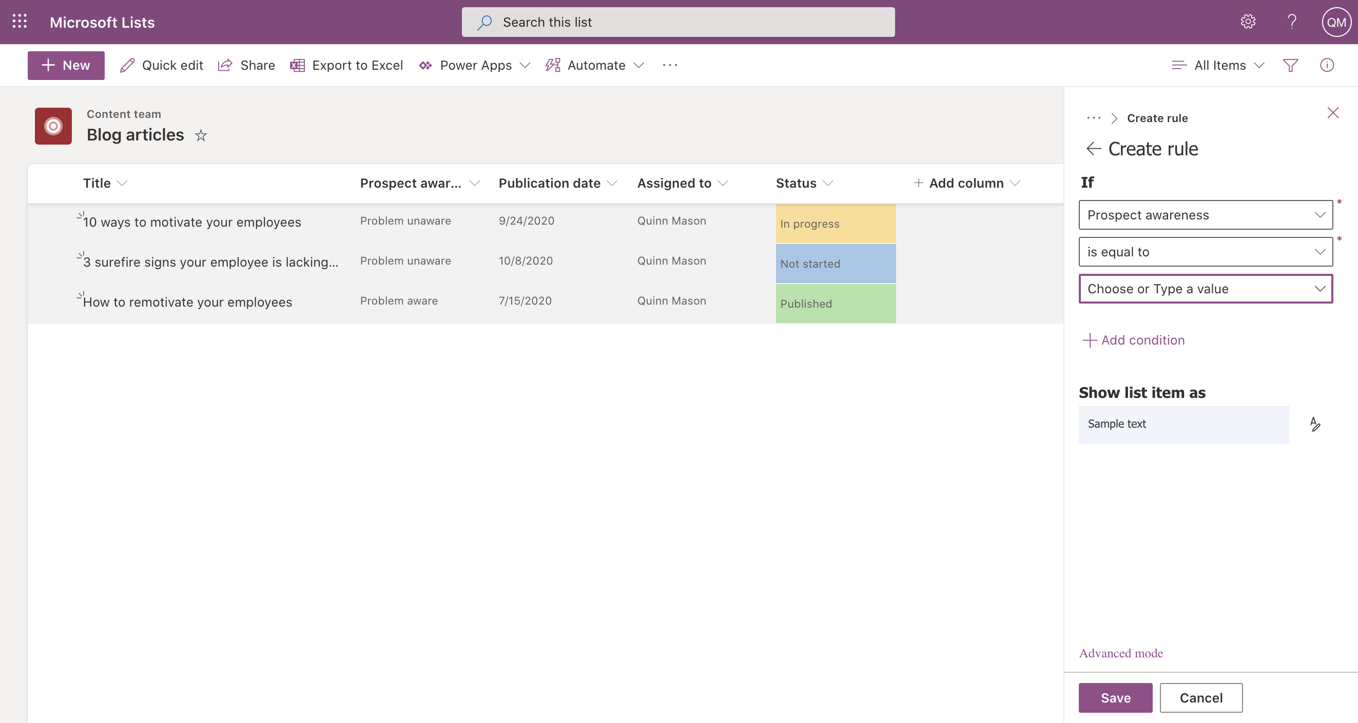 Screenshot of Create rule pane in Microsoft Lists.