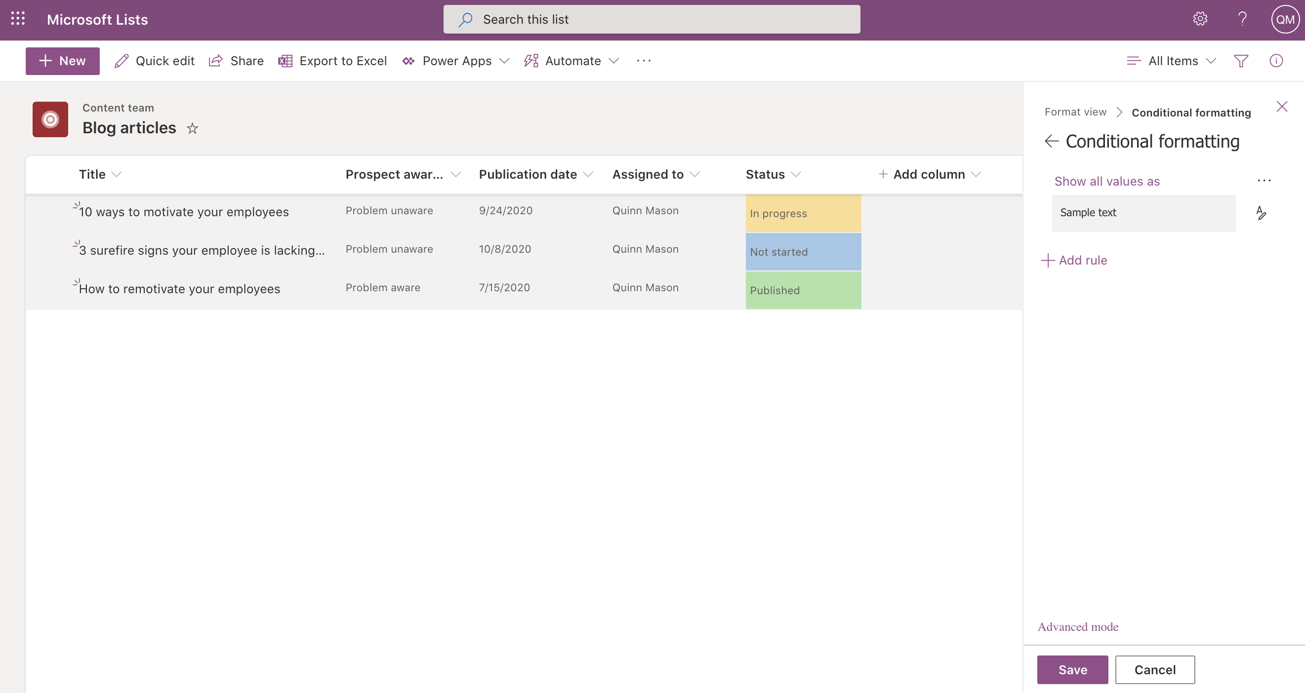 Screenshot of Conditional formatting pane in Microsoft Lists.