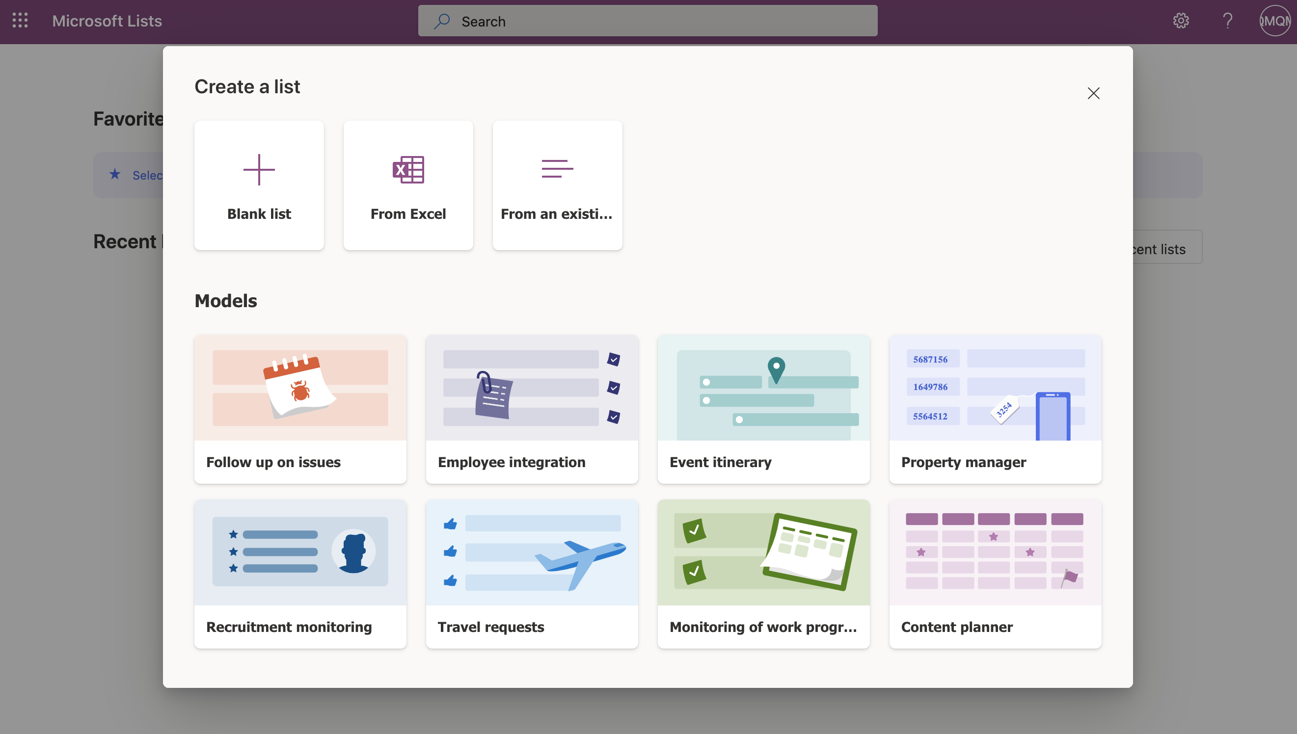 Screenshot of Microsoft Lists templates