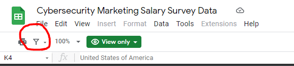 Google Sheets with filter icon circled