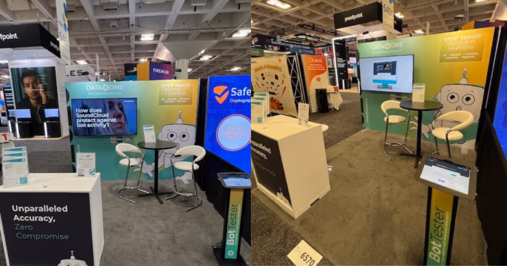 two images of data domes booth