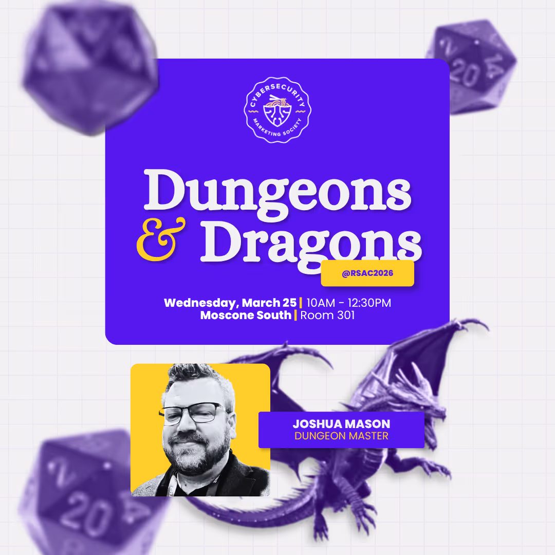 Dungeons & Dragons event details with speaker Joshua Mason, Dungeon Master, and purple dragon with dice.
