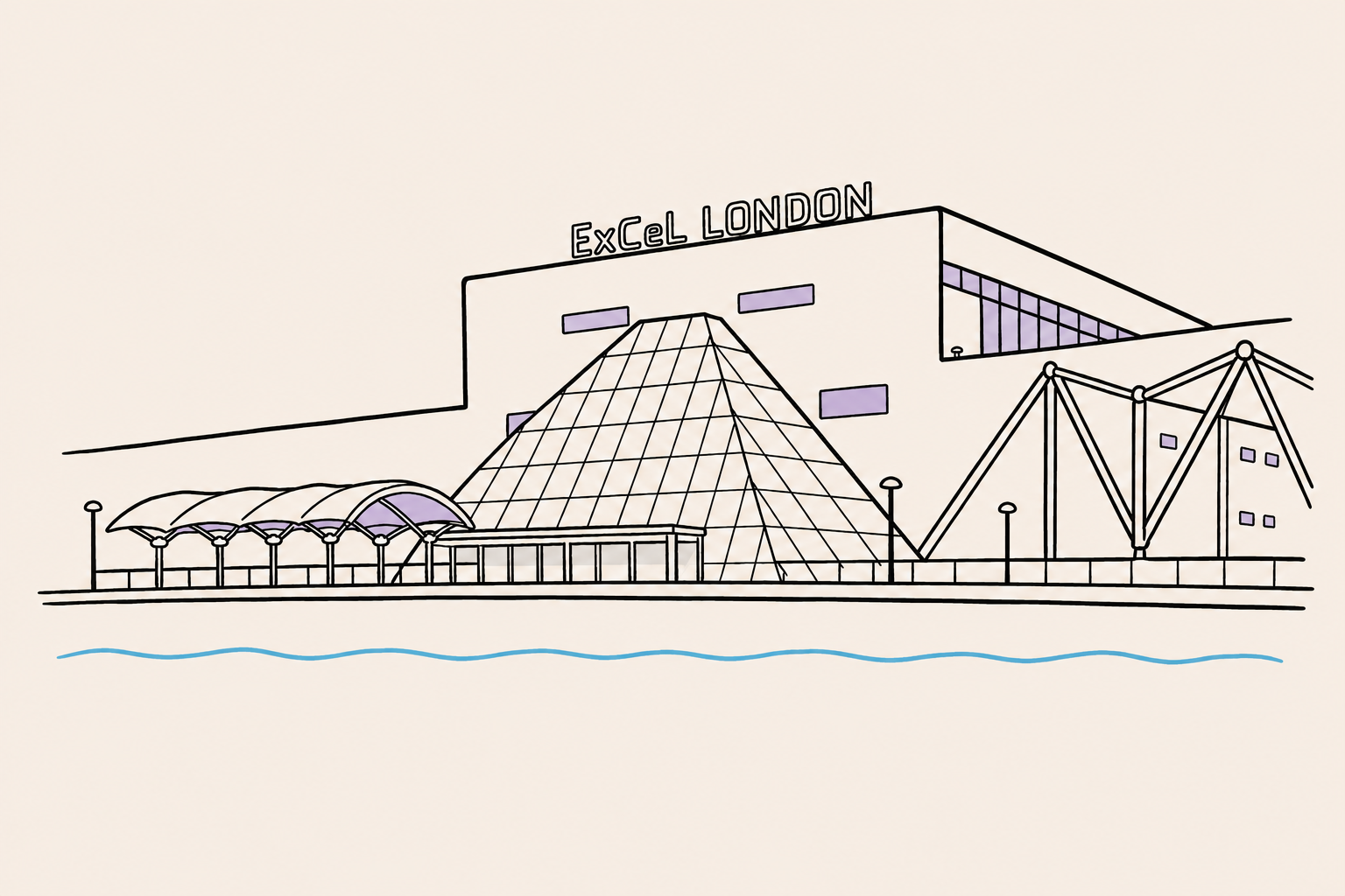 Line drawing of ExCeL London building with geometric glass pyramid and water in front.