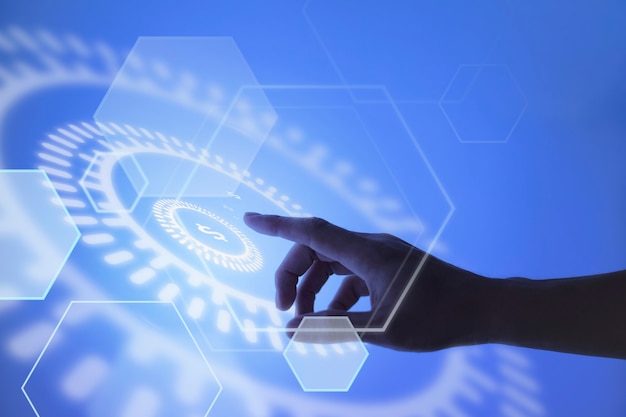 Mano apuntando al fondo de tecnología blockchain de moneda