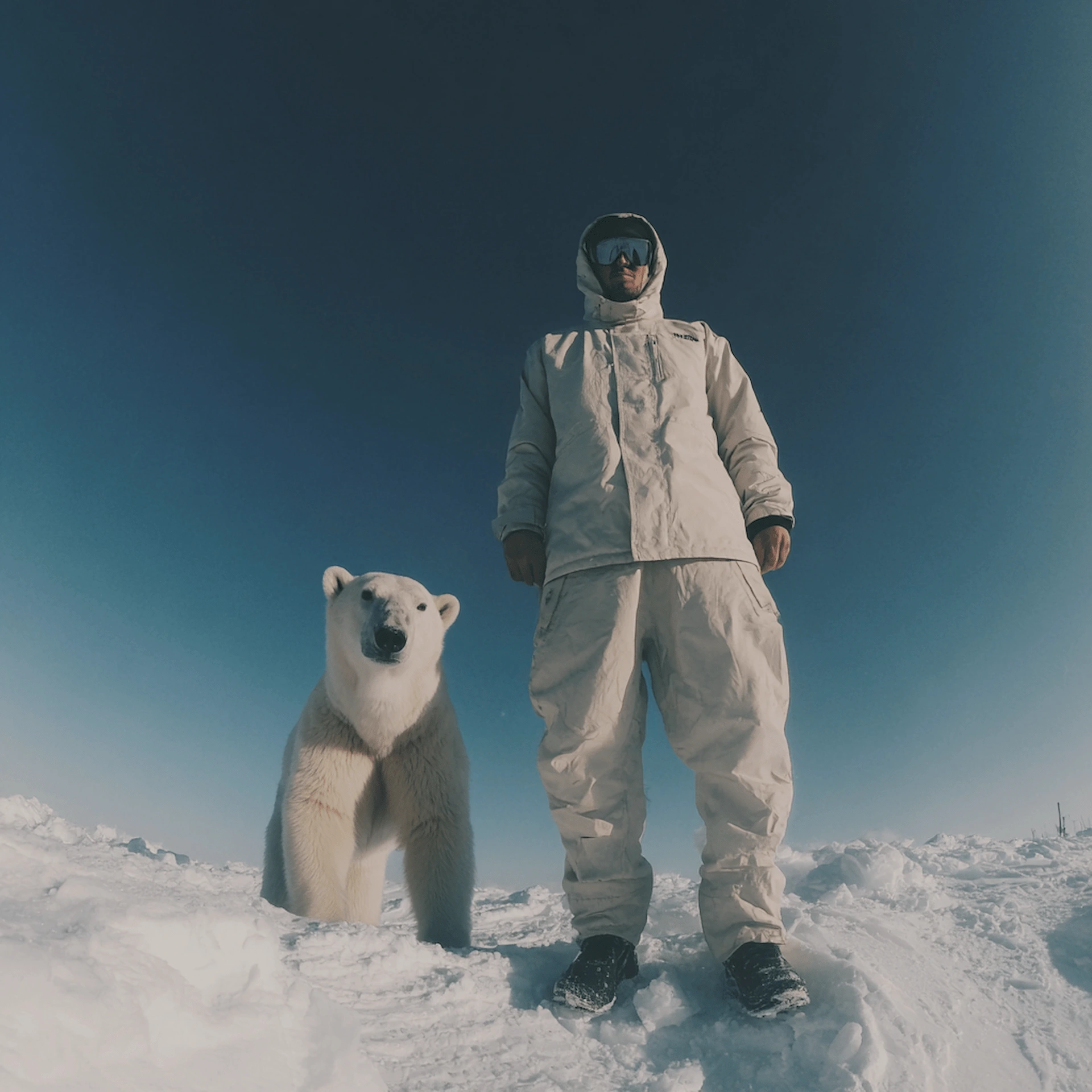 A man in a white ski suit is standing next to a polar bear. Both looking into the camera. Snow filled surface, blue skies and a subtle sunlight.