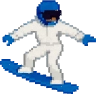 White pixelated arcade snowboarder wearing a blue helmet.