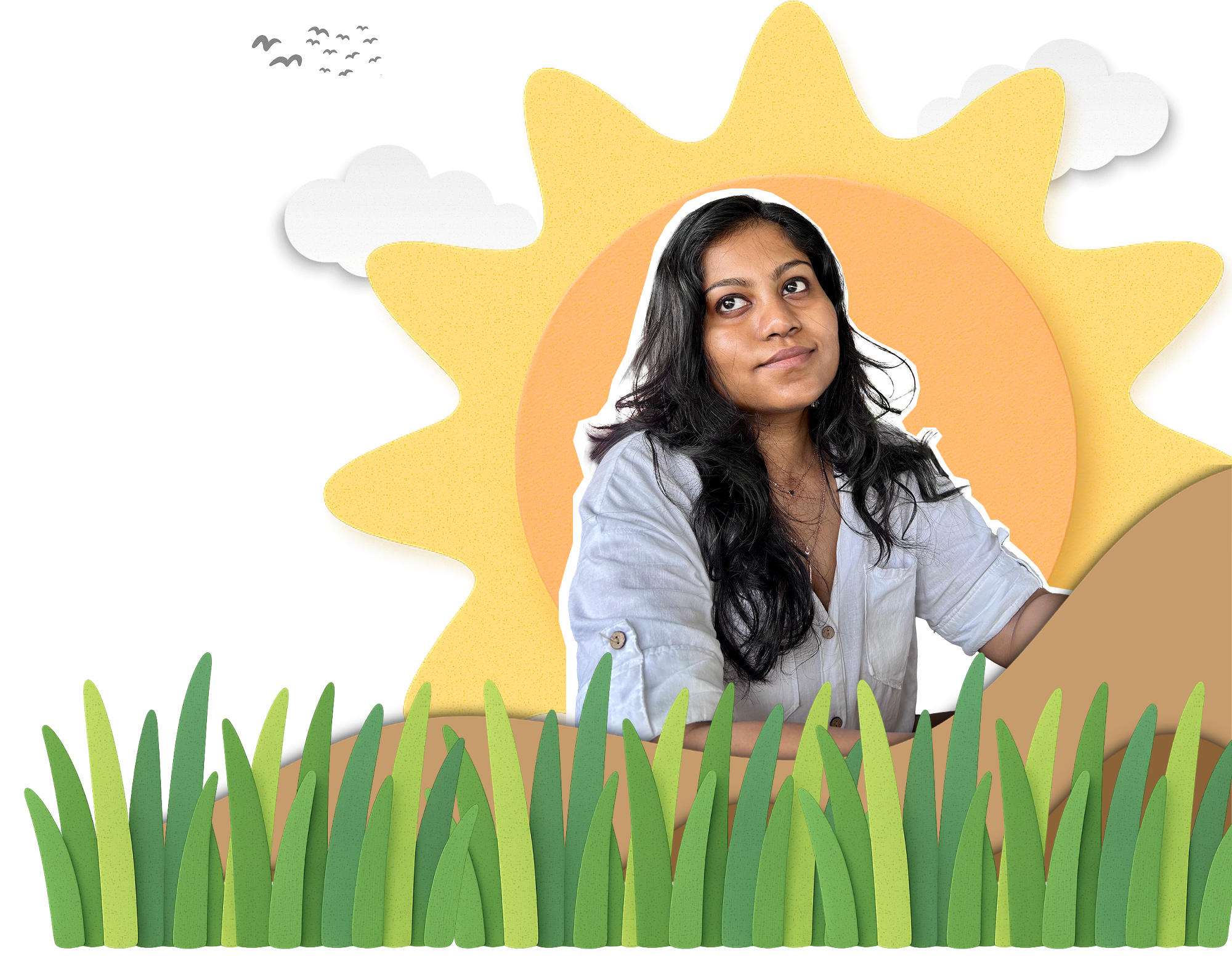Hero image of Kavya's image paper cutout placed between the layers of sun, grass and land paper cutout