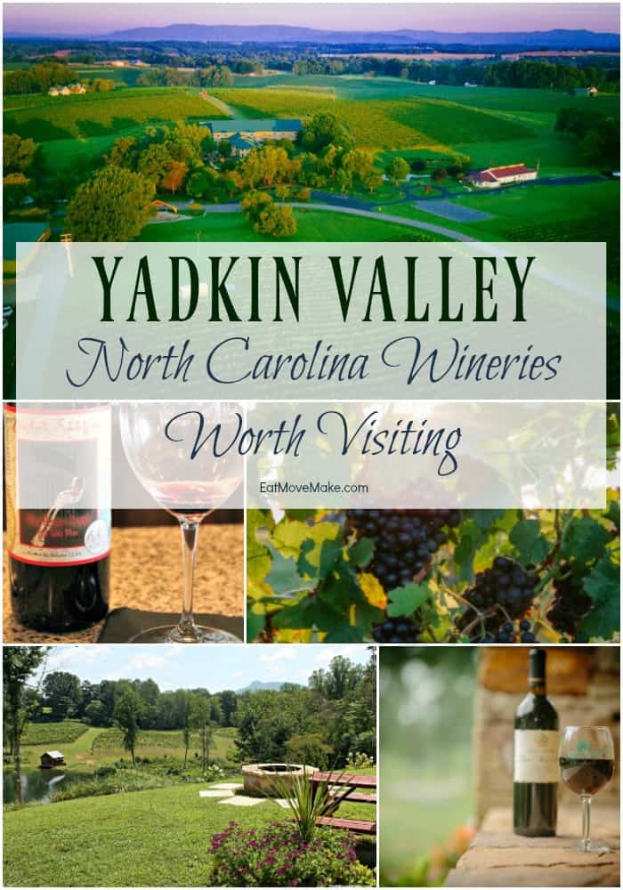 Rolling vineyard hills in Yadkin Valley with a wine glass in the foreground and the Blue Ridge Mountains in the distance