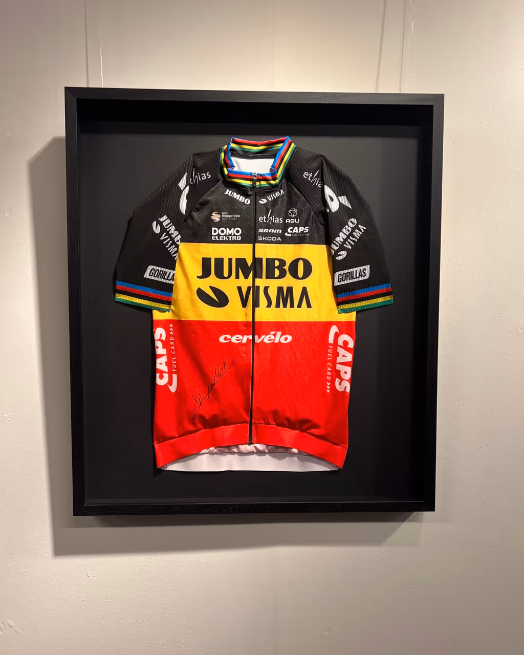 Ingelijste koerstenue in prachtige kader aan de muur via handig ophangsysteem.