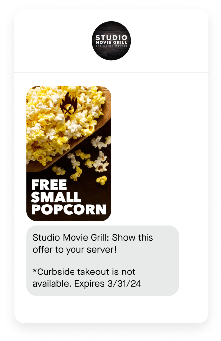 studio movie grill SMS example
