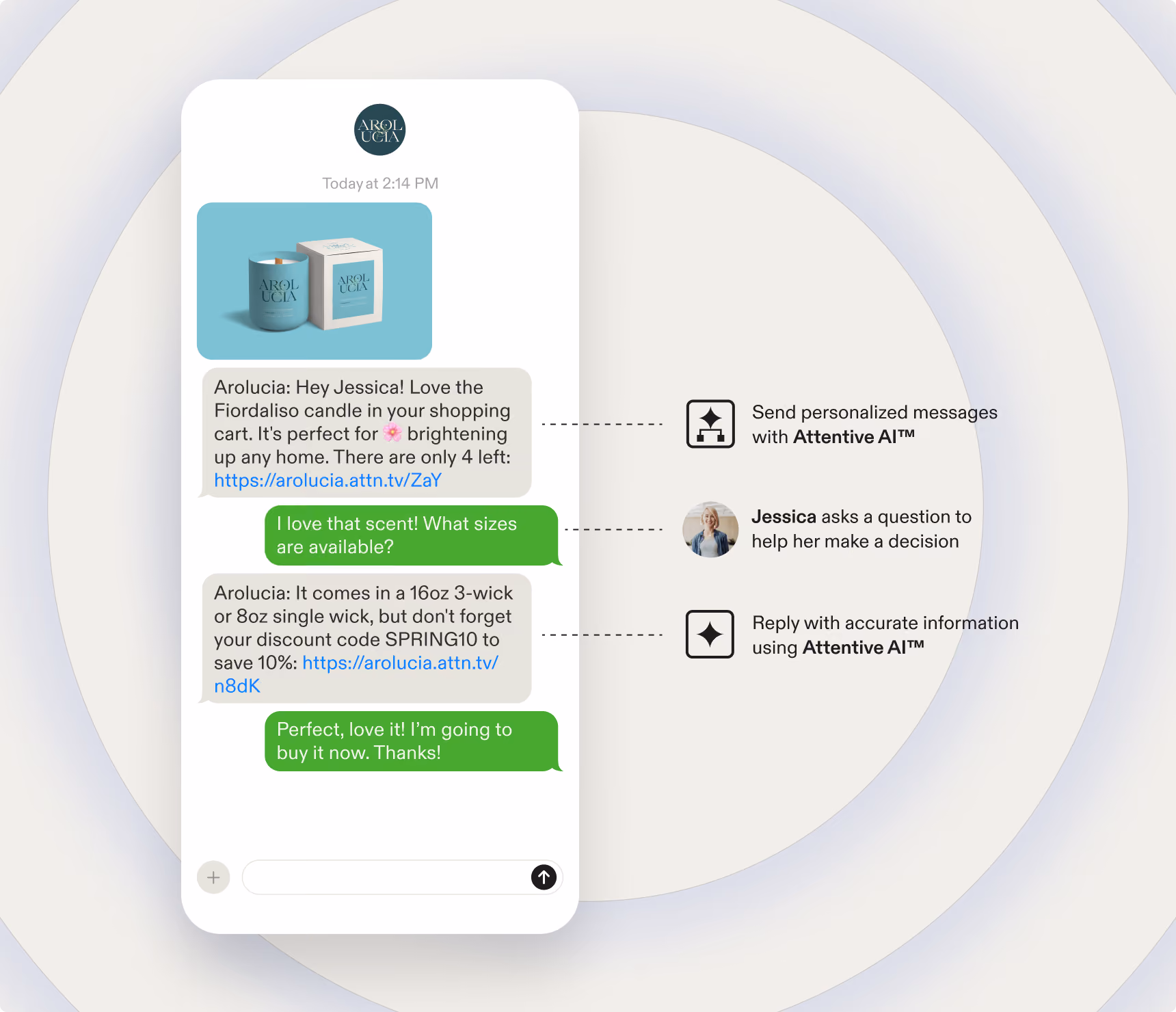 Chat showing personalized candle product messages with Attentive AI and customer questions and replies.