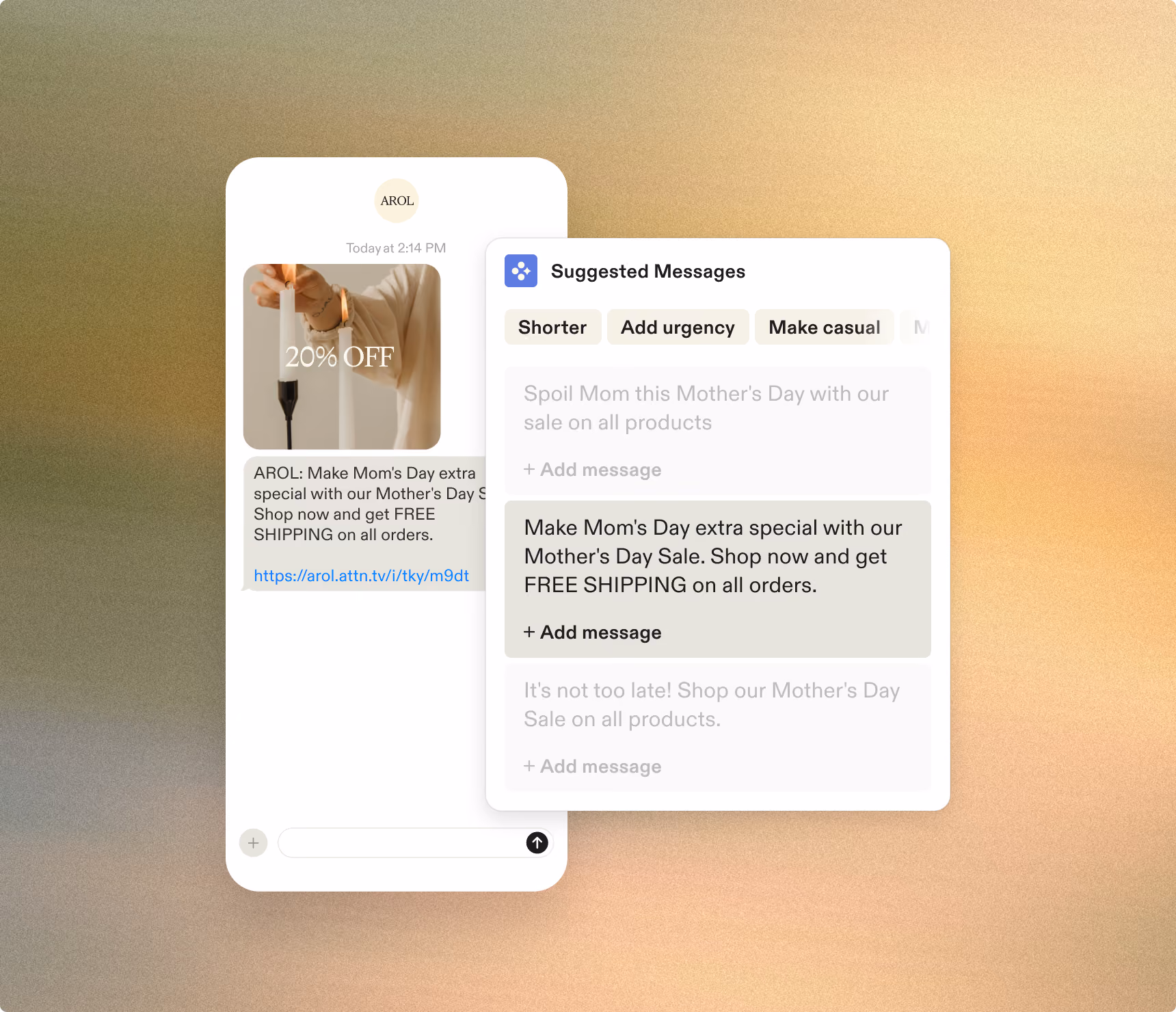 Mobile screen showing a Mother's Day sale message with 20% off and free shipping offer.