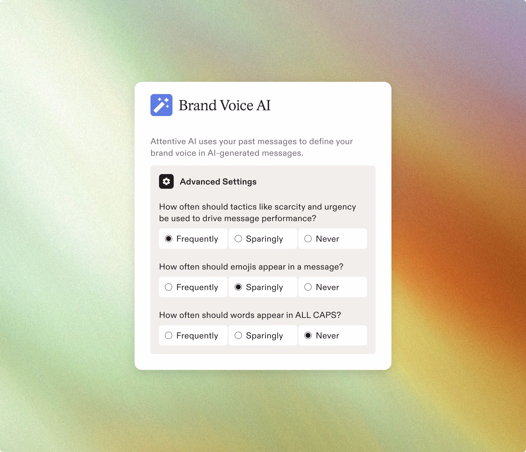 Brand Voice AI settings with options for frequency of tactics, emojis, and ALL CAPS in messages.