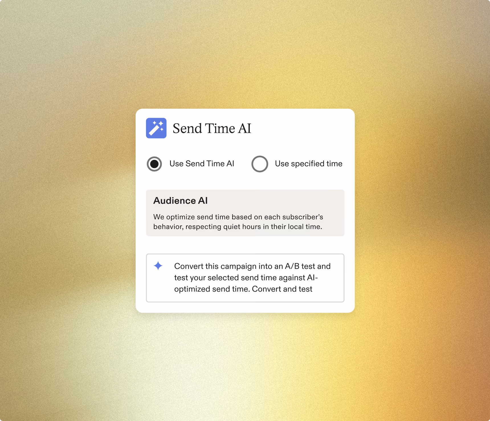 Interface for Send Time AI with options to use AI or specified time and info on Audience AI optimization.