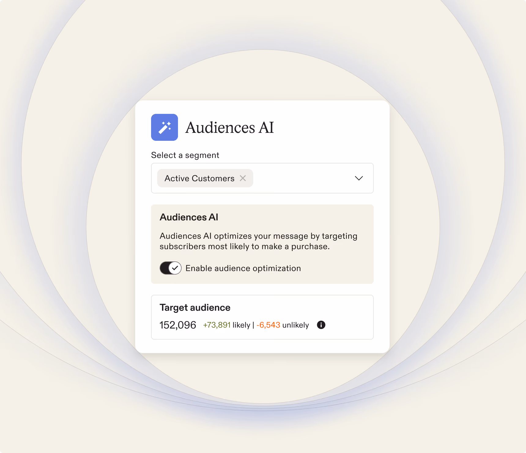 Audience AI interface showing active customers segment with option to enable audience optimization and target audience stats.