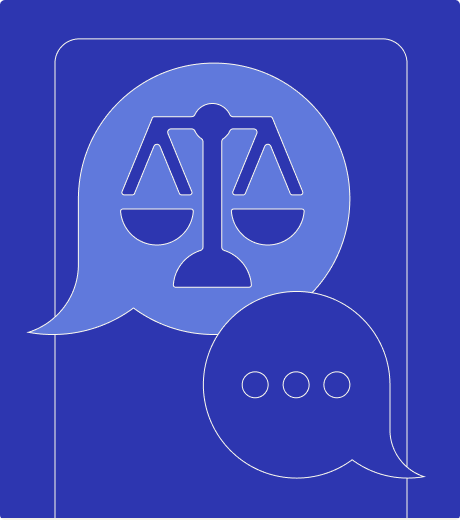 Speech bubbles with scales of justice and three dots inside on a blue background.