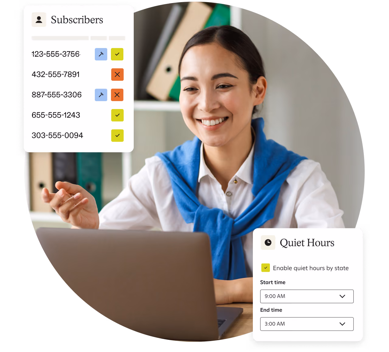 Smiling woman with laptop, with overlay panels showing subscriber list and quiet hours settings.