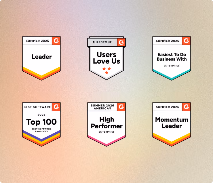 Six G2 badges for Summer 2026: Leader, Users Love Us, Easiest To Do Business With, Top 100, High Performer, Momentum Leader.