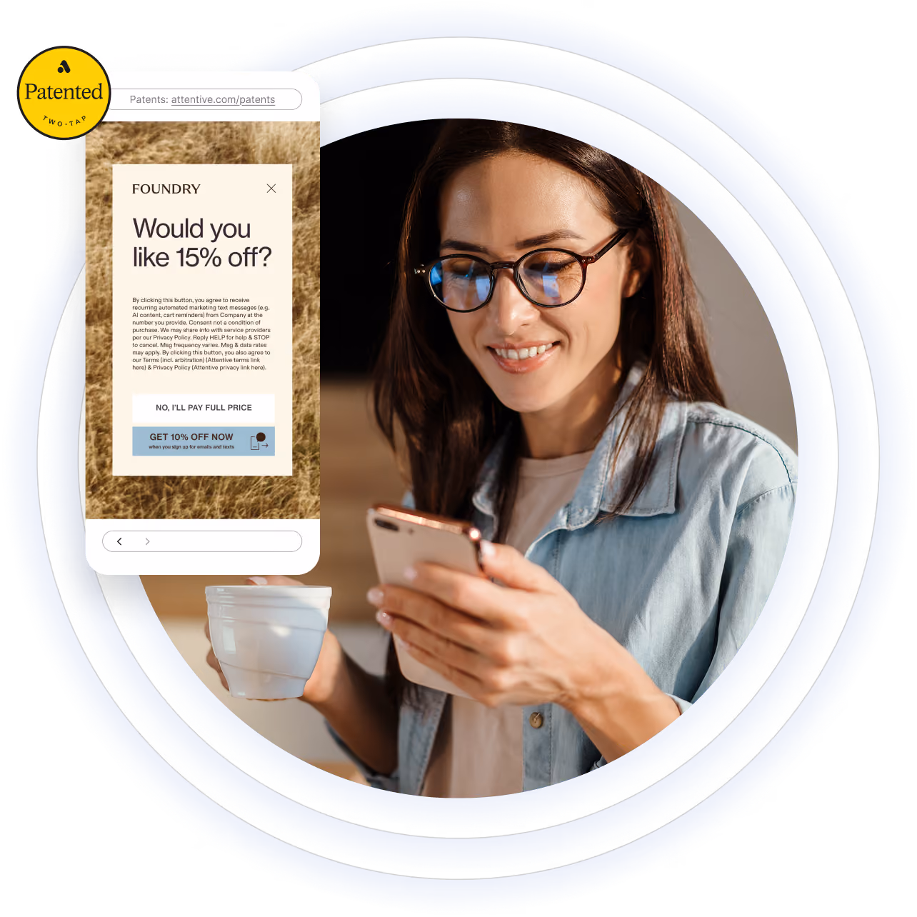 Smiling woman holding a cup and phone, with a mobile screen showing a 15% off discount offer.