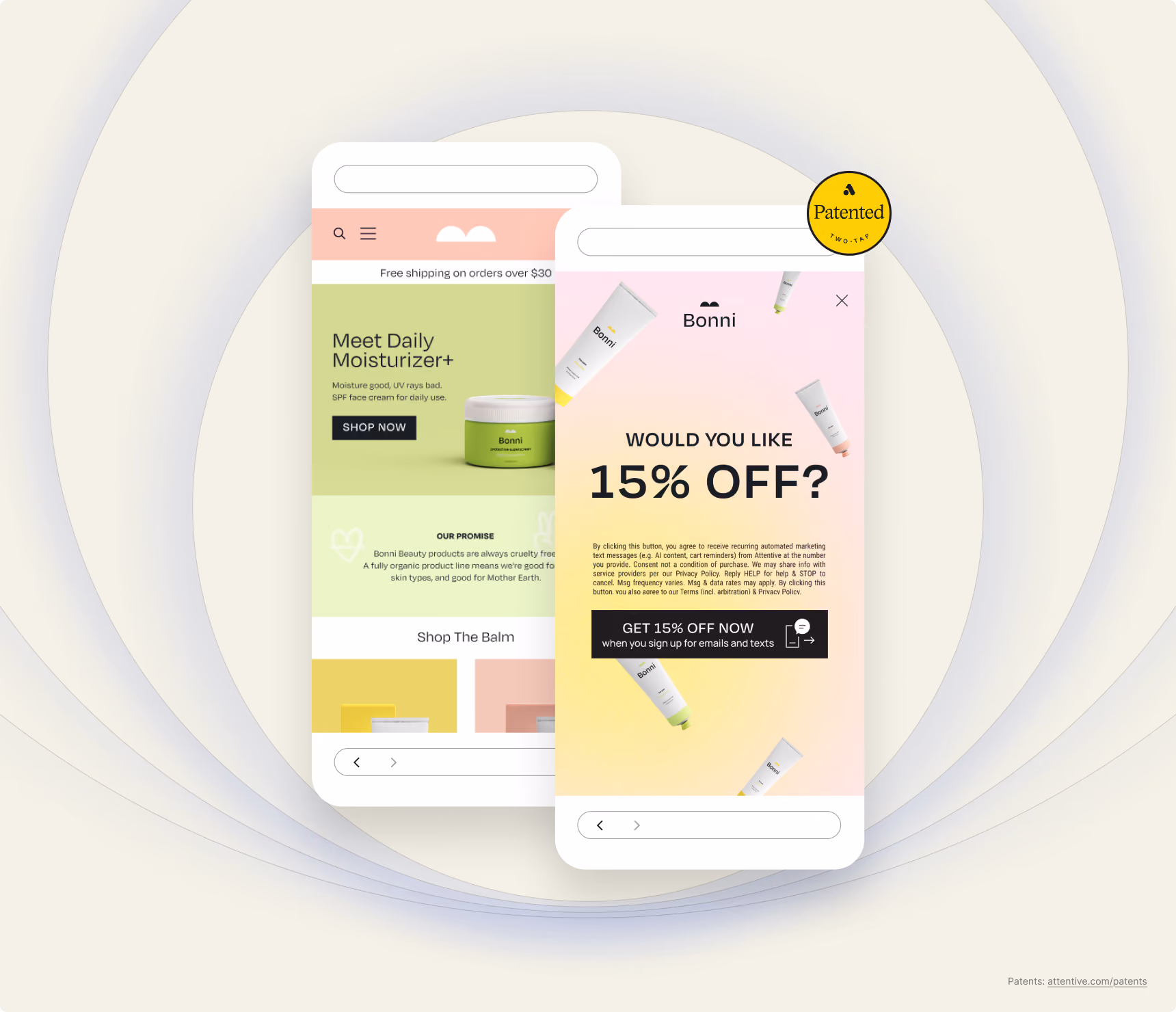 Two mobile screens showing Bonni skincare ads: daily moisturizer and 15% off signup offer.