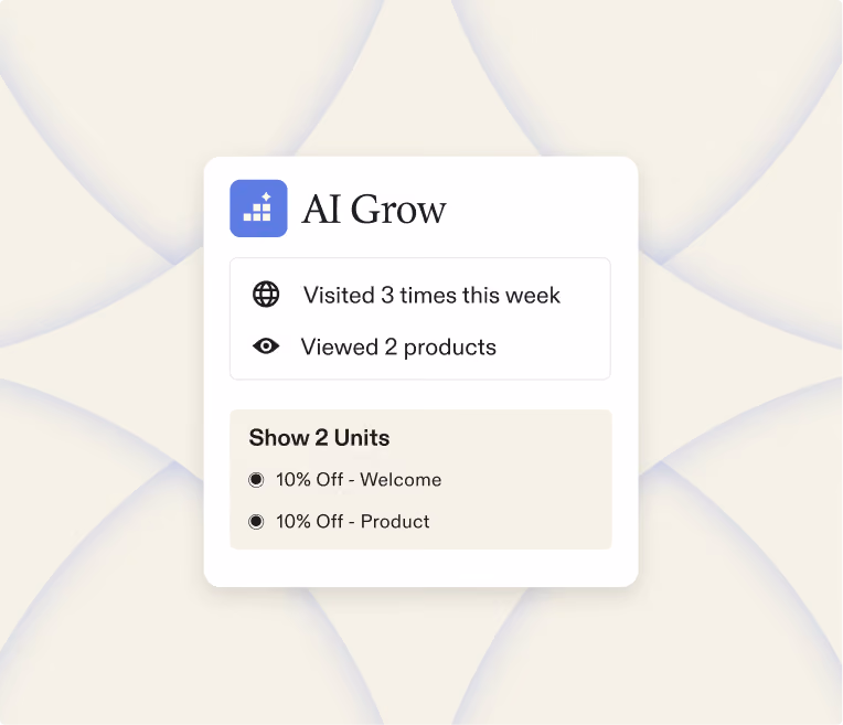 AI Grow card showing 3 visits and 2 viewed products this week with 10% off welcome and product units.