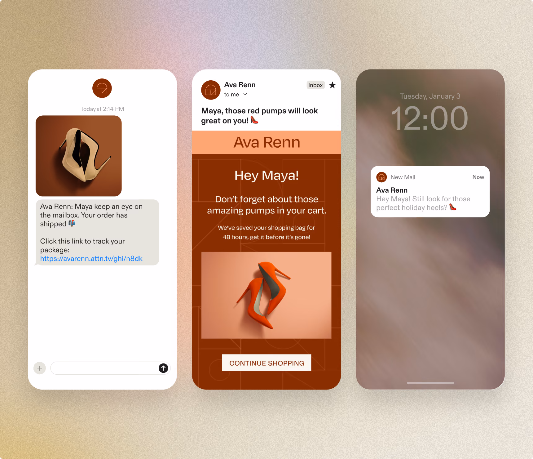 Three screenshots show order shipment, a reminder email with red pumps, and a notification about holiday heels.