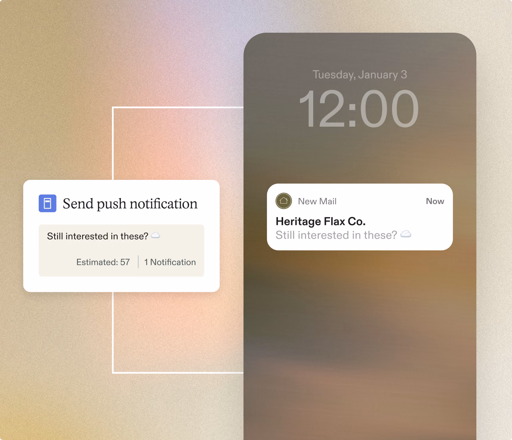 Phone screen shows 12:00 with a push notification from Heritage Flax Co. asking if still interested.