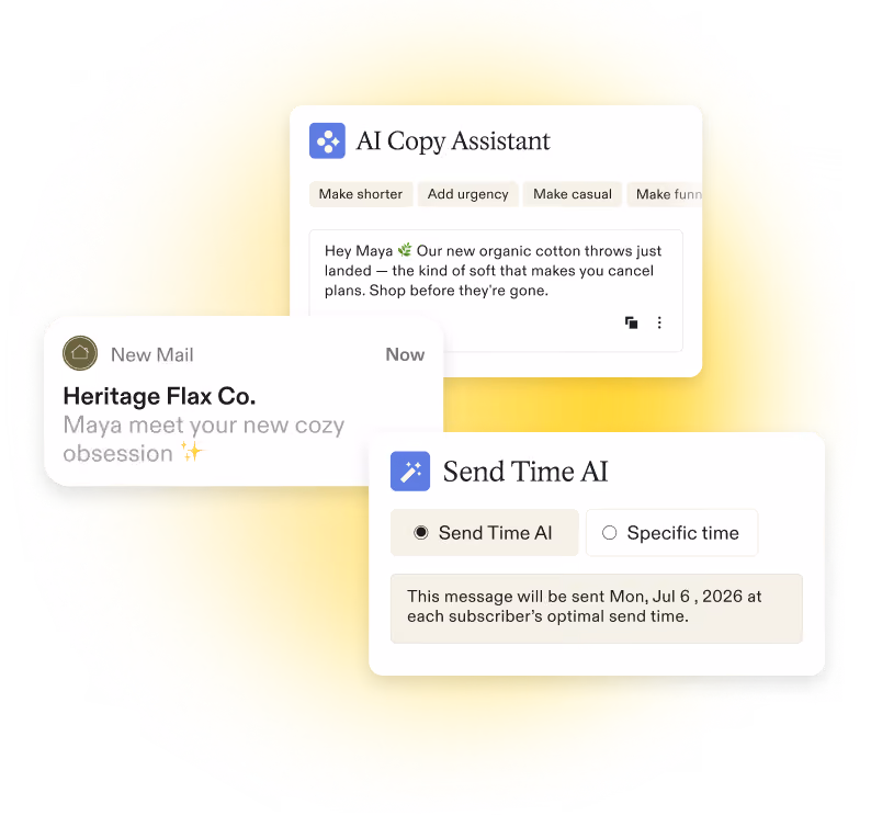 Three layered UI cards showing AI Copy Assistant, a new mail from Heritage Flax Co., and Send Time AI scheduler.