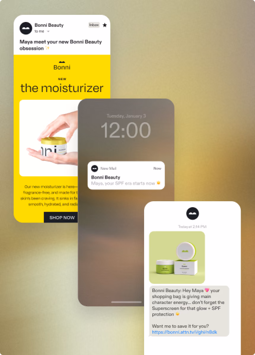 Three phone screens show email and message notifications promoting Bonni Beauty moisturizers and SPF products.