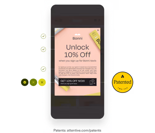 Smartphone screen showing a Bonni pop-up offering 10% off with sign-up for texts and a patented Two-Tap badge.
