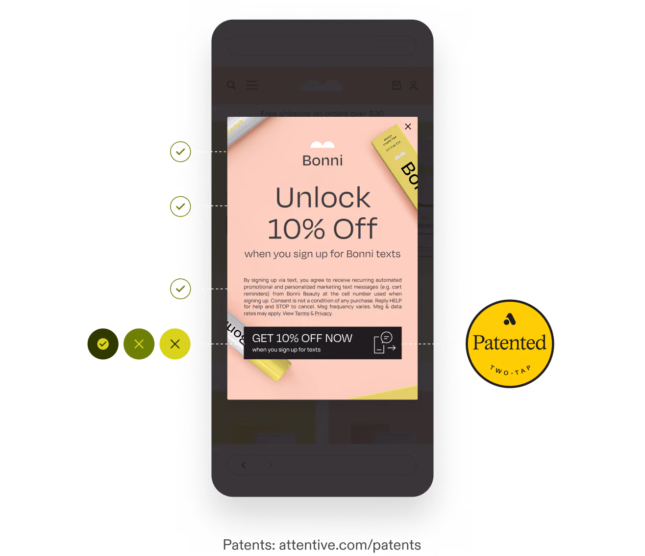 Smartphone screen showing a Bonni pop-up offering 10% off with sign-up for texts and a patented Two-Tap badge.