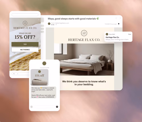 Collage of Heritage Flax Co. marketing: email, mobile popup, and text offer featuring 15% off bedding.