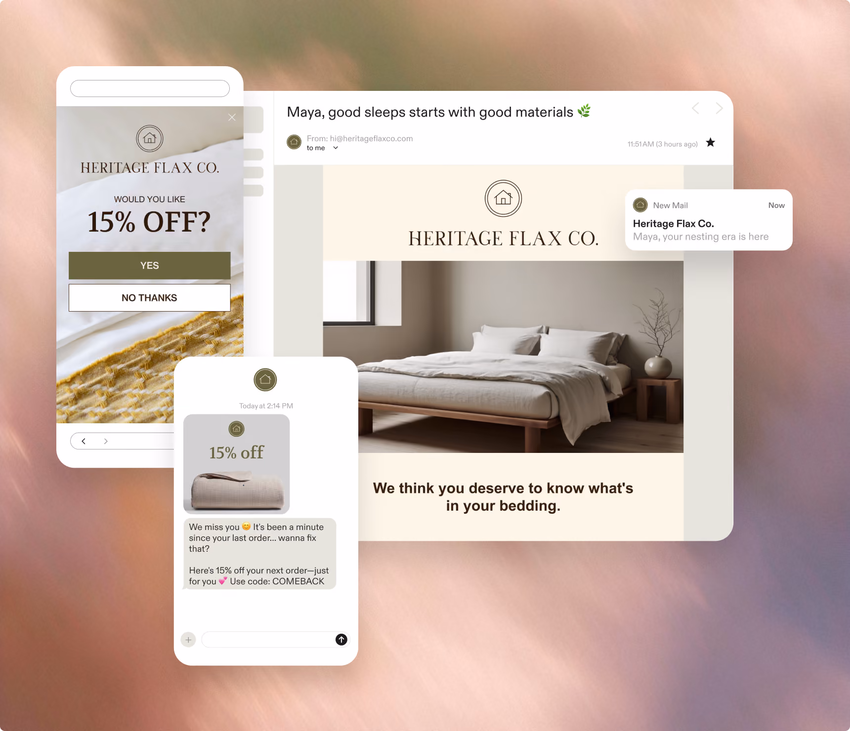 Collage of Heritage Flax Co. marketing: email, mobile popup, and text offer featuring 15% off bedding.