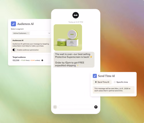 Interface showing AI tools optimizing audience targeting and send time for a promotional message about sunscreen.