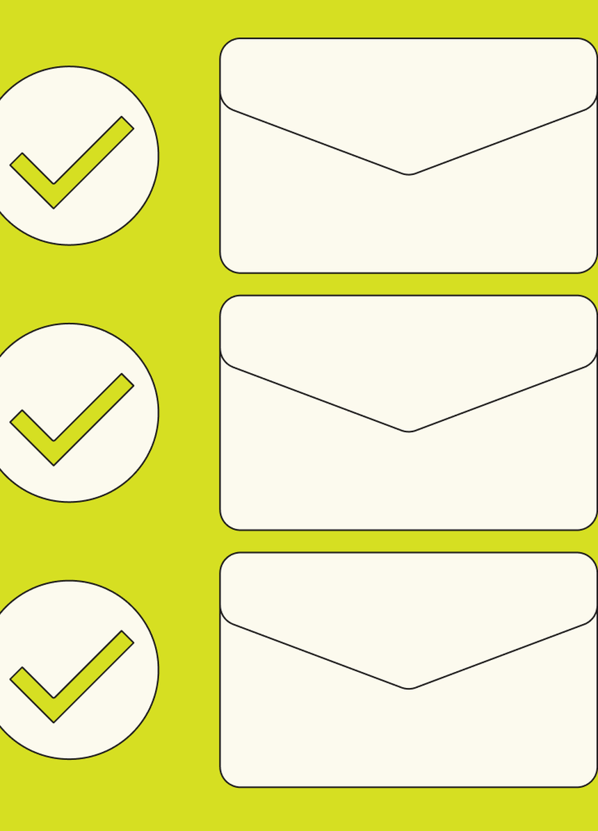 Four panels with yellow envelopes and chat bubbles with three dots on yellow background.