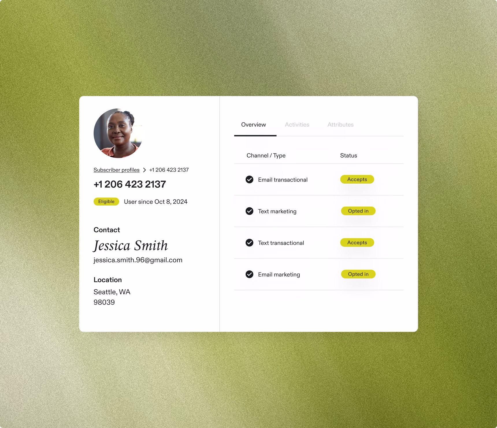 Profile of Jessica Smith with phone number, email, location Seattle, and communication channel statuses.