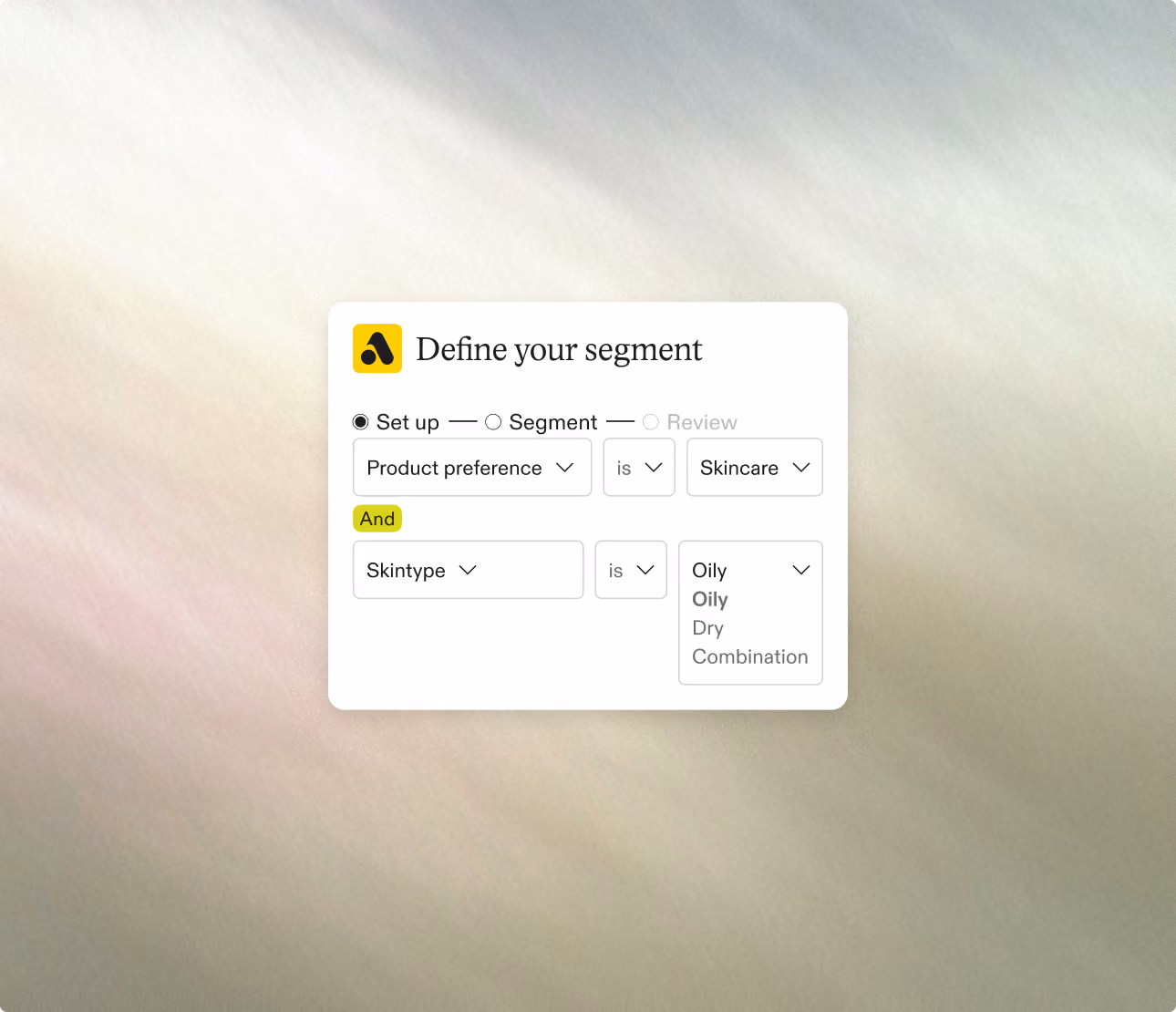 Interface to define segment with product preference as Skincare and skintype as Oily selected.