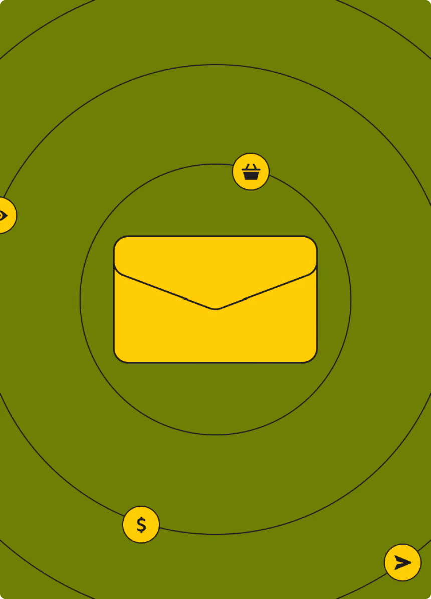 Yellow envelope icon at the center surrounded by yellow icons on green concentric circles.