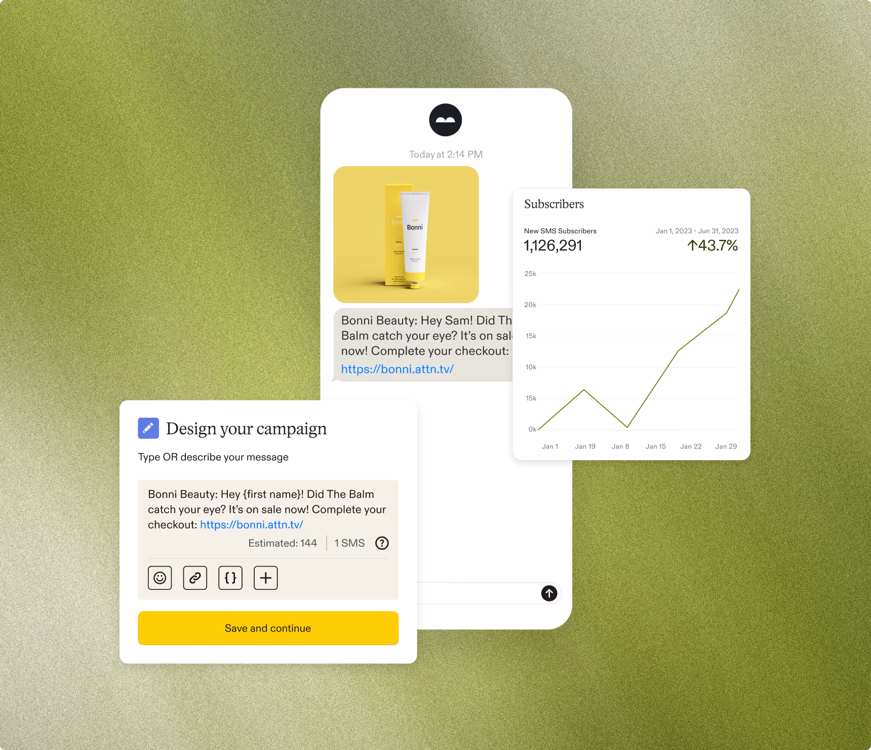 User interface showing SMS campaign design with message preview, product image, and subscriber growth chart.