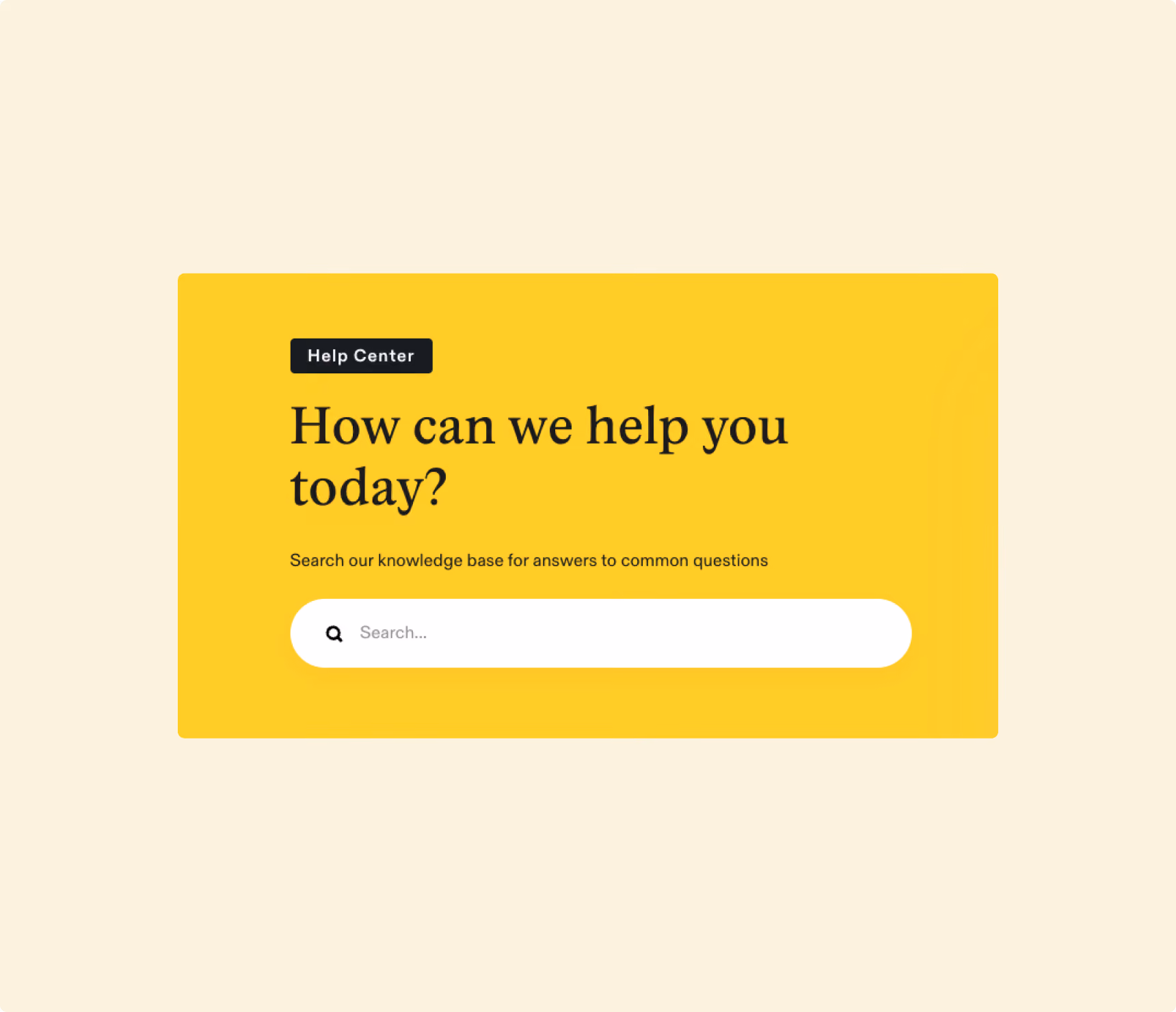 Help Center search interface with prompt 'How can we help you today?' and search bar on yellow background.