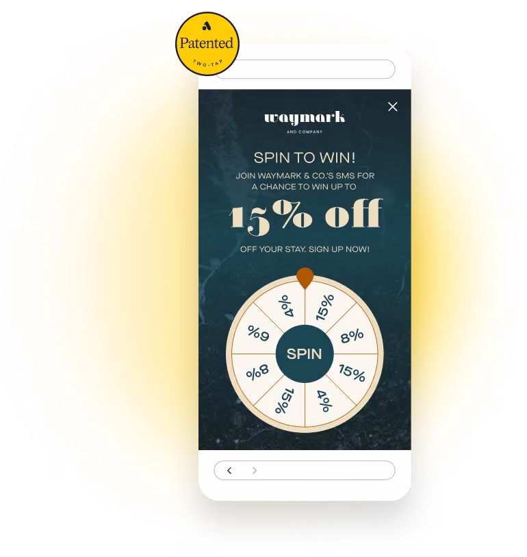 Mobile showing Waymark spin-to-win wheel offering up to 15% off by signing up for SMS.