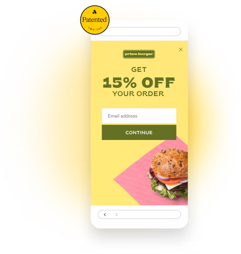 Mobile screen showing Prism Burger offer: Get 15% off your order with email signup and a burger image below.