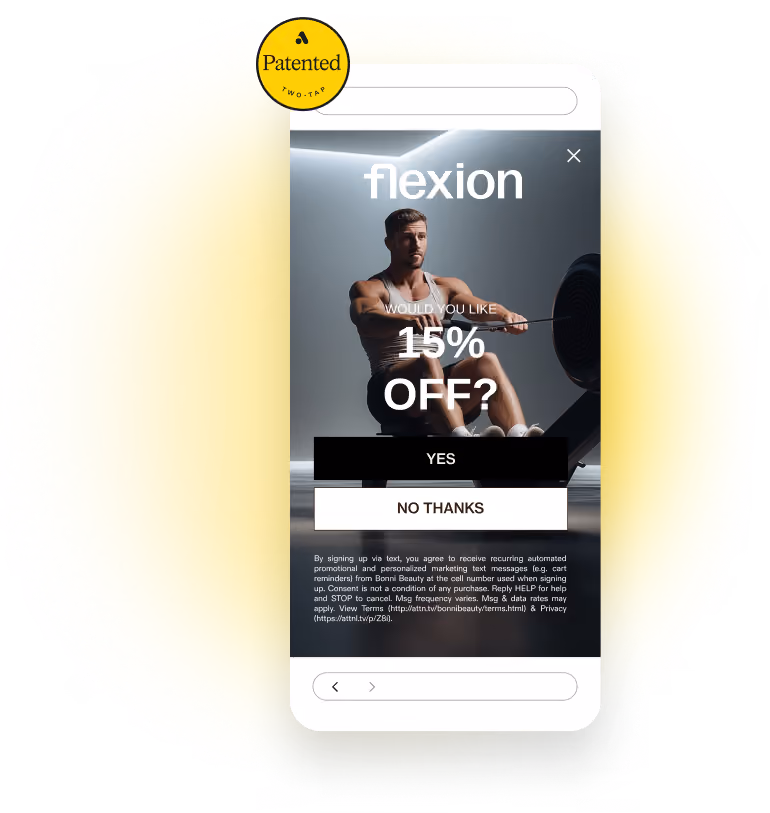 Mobile screen with fitness ad showing man on rowing machine and 15% off offer with Yes and No Thanks buttons.