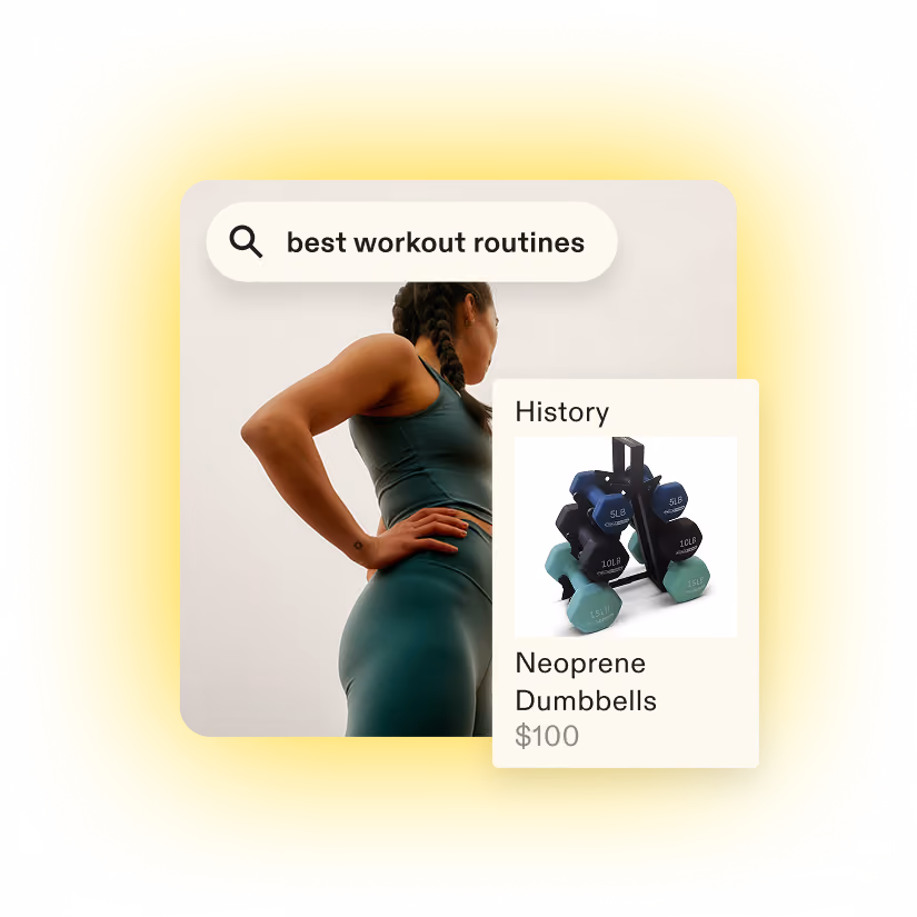 Woman in workout attire with search bar showing 'best workout routines' and dumbbells price $100.