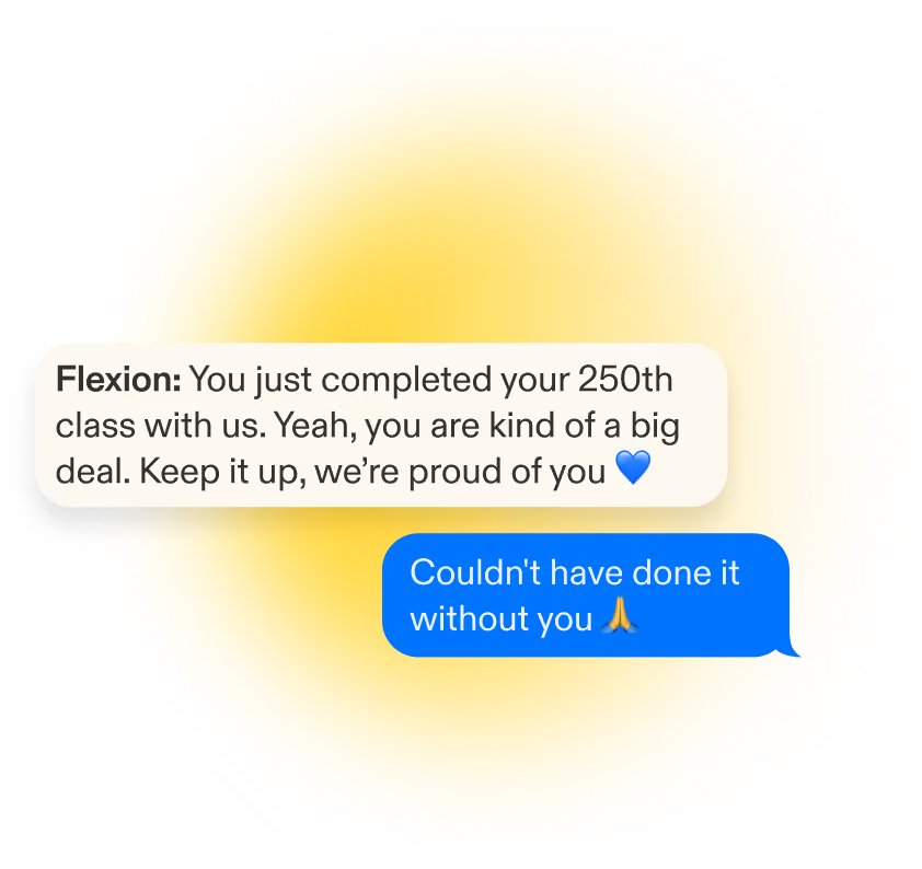 Text message showing Flexion praising completion of 250th class and a reply thanking them.