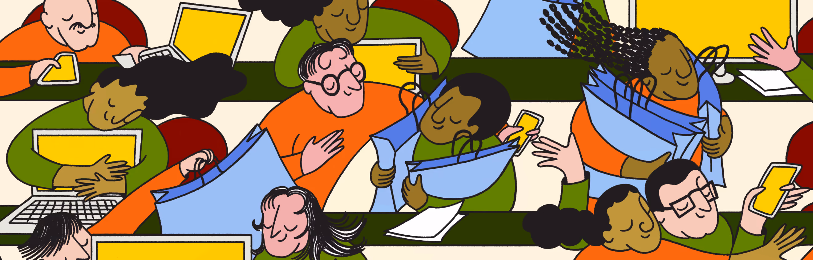 Illustration of diverse people hugging laptops, tablets, phones, and documents with happy expressions.