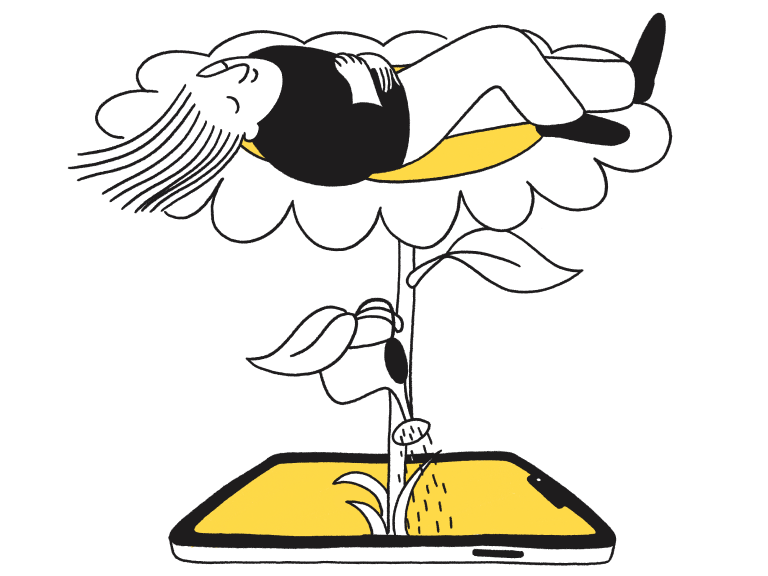 Person lying relaxed on a large flower growing out of a smartphone screen.